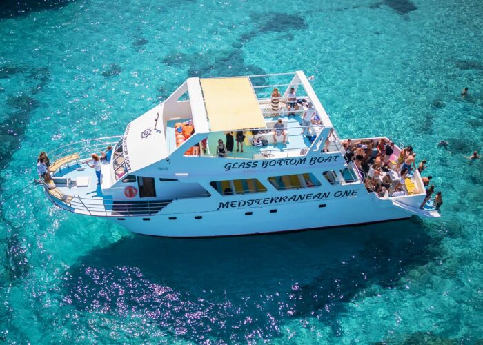 Aerial view of the Mediterranean One boat, Blue Lagoon, Cyprus